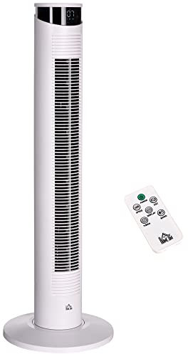 HOMCOM Ventilador de Torre Bajo Consumo Oscilante 45W con Control Remoto Temporizador de 12 h 3 Velocidades 3 Modos Pantalla LED y Asa de Transporte para Dormitorio Ø31,5x93 cm Blanco