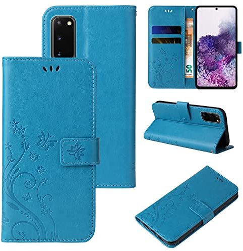 LBH Handy Hülle für Samsung Galaxy S20 Case Handytasche Schmetterling Blumen Flower Standfunktion Schutzhülle Magnet Rundum Schutz 360 Grad Flipcase Cover Blau