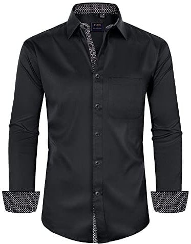 siliteelon Mens Shirts Non Iron Black Shirt Men Printed Regular Fit Shirts for Men Adult Stretch Mens Dress Long Sleeve Casual Formal Shirt with Pocket Work Funeral Concerts