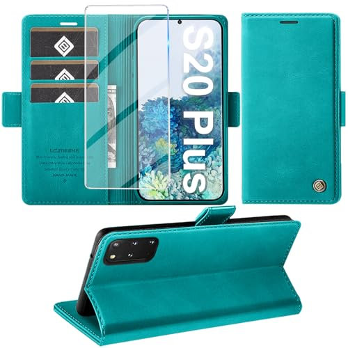 Giyer Handyhülle für Samsung Galaxy S20 Plus Hülle mit Displayschutzfolie, Schutzhülle Galaxy S20 Plus PU Leder Wallet Flip Case Standfunktion Kartenfach Klapphülle für Samsung S20 Plus Cover (Cyan)