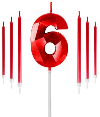 Red 6th Birthday Candles Set, Number 6 Candle with Red Long Candles, Birthday Candles for Cake, Birthday Candle, Cake Candles Cake Topper Decorations for Boys Girls Men Women Birthday Party Wedding