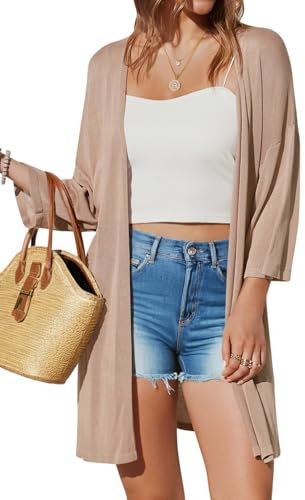 Arach&Cloz Damen 2025 Strickjacke Lang Leicht Casual 3/4 Ärmel Open Front Cardigan Sommer Kleid Strand Cover Up (Aprikose,L)