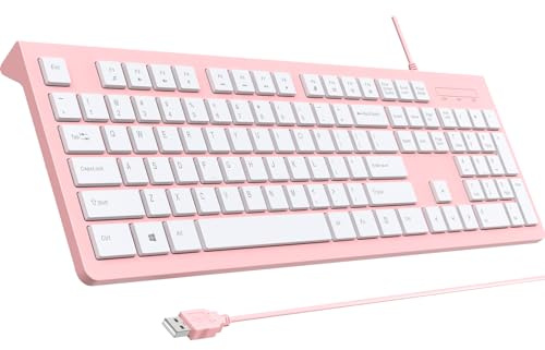 Computertastatur kabelgebunden, Plug Play USB-Tastatur, Low-Profile-Chiclet-Tasten, großes Ziffernblock, Kappenanzeigen, faltbare Ständer, auslaufsicher, verschleißfeste Buchstaben für Windows PC