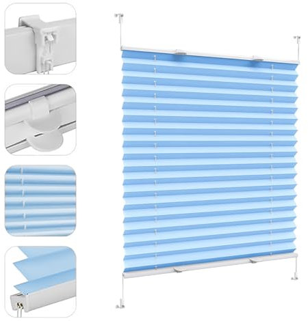 Plissee Haftfix, ohne Bohren, 65 x 180 cm UV-Schutz Sonnenschutz, Klemmfix Wabenplissee inkl. Plissee Klebeplatte 4 Stück, für Fenster & Balkontür, Himmelblau