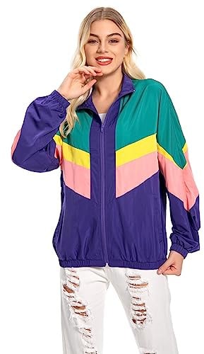 Seaehey Chaqueta de entrenamiento de los años 80 para mujer, estilo retro, estilo deportivo, multicolor, hip-hop, discoteca, años 80, 90, carnaval, fiesta temática