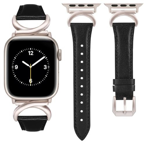 TOYOUTHS Leather Strap Compatible with Apple Watch Straps 41mm 40mm 42mm 38mm Women Slim Thin Dressy Designer Strap with C-Shaped Metal Buckle for iWatch 10/9/8/7/6/5/4/3/2/1/SE, Black/Starlight