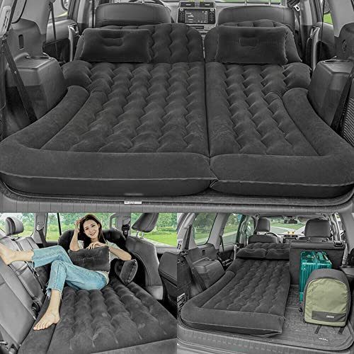 WSIKGHU - Colchón hinchable con bomba y almohadas, 175 x 130 x 13 cm, 300 kg, para coches, camping, flocado grueso (negro)