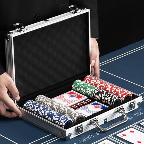 BAKAJI Set Valigetta da Poker in Alluminio, Confezione da Gioco Professionale con 2 Mazzi di Carte, 5 Dadi, Pulsante del Dealer, Valigia Alta Qualità Ideale per Texas Hold'em e Blackjack (200 Fiches)