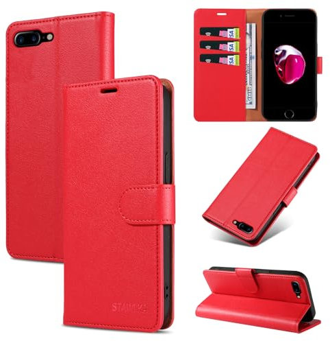 STAWLKA Case for iPhone 7 Plus iPhone 8 Plus, Premium PU Leather Flip Magnetic Buckle Wallet Case Kickstand Blocking RFID Shockproof Protective Phone Cover for iPhone 7 Plus/8 Plus - Red