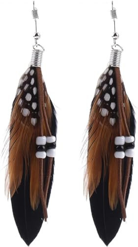 MIMIKRY Feder Ohrringe Wildleder-Optik Perlen für Indianerin und Hippie Schmuck Flower Power Boho Wilder Westen, Farbe:Schwarz