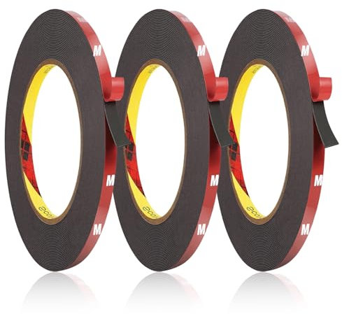 3 Stück Doppelseitiges Klebeband, 8m x 10mm Montageband Extra Stark Wasserdichtes Montageklebeband, klebestreifen für Wand und LED Streifen, Auto, Heim Büro, Hergestellt aus 3M VHB Klebeband