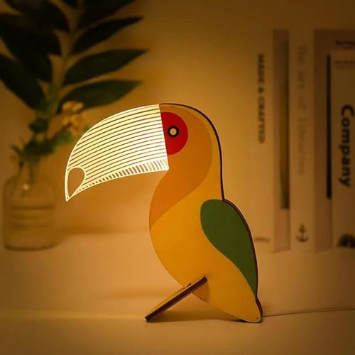 Tier Holz Handwerk mit LED Licht, Acryl Nachtlicht Led Lampe, 3D Illusion Lampe, LED Tischlampe,Tier Leselicht, Nachttisch dekorative Schlummerlicht Geschenk für Wohnzimmer,Schlafzimmer,Büro (Vogel)