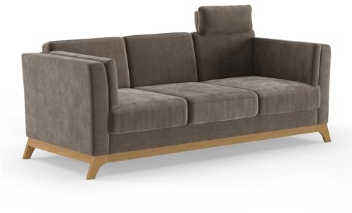 Cavadore 3er-Sofa Vida / 3-Sitzer Couch im trendigen Design mit massivem Holzrahmen in Eiche, Kopfstütze mit Kuschelkissen / 213 x 84 x 93 / Mikrofaser, Graubraun