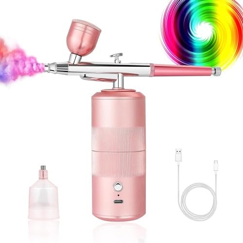 Airbrush Kit Machine with Compressor, Rechargeable Handheld Airbrush, Professional Cordless Air Brush Portable Wireless for Nail Art, Makeup, Barber, Cake Decor, Painting (Pink)
