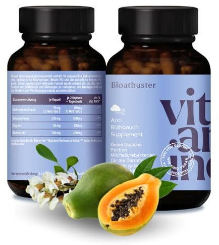 Vitamino Bloatbuster - Darmbakterien-Kapseln mit Probiotika, Präbiotika, Betain HCl & natürlichen Enzymen, vegan, glutenfrei, laktosefrei - 120 Kapseln