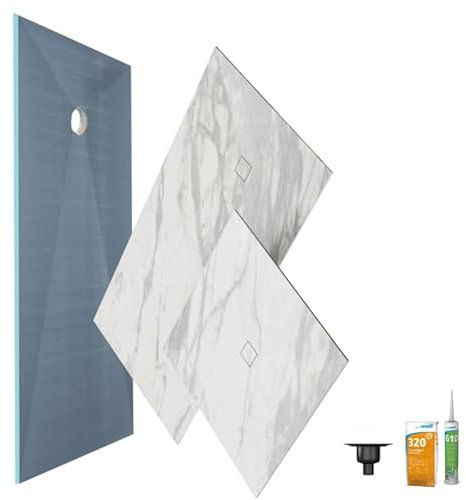 Receveur de douche à carreler 120 x 90 WEDI Fundo primo + revêtement Top marble white + colle + bonde verticale + kit étancheité