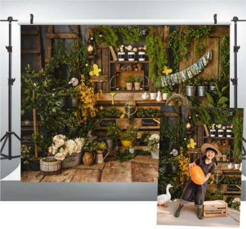 WaW 270x180 cm Fotohintergrund Garten Vintage Blumenladen Rustikal Holz Grünpflanzen Hintergrund für Babyfotos Kinder Fotografie