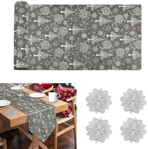 ADERTOS Weihnachtstischläufer Grau Tischläufer Weihnachten 28cmx2,75m Weihnachtsdeko Weihnachtlicher Weihnachtsläufer Xmas Weihnachtsdecke Läufer Christmas Table Runner mit Untersetzer für Tisch Deko