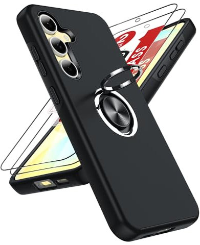 LeYi Funda para Samsung Galaxy S24 FE con 2× Protector de Pantalla, Carcasa con 360 Grados Metálico Anillo Hard PC Silicona Antigolpes Case, Negro