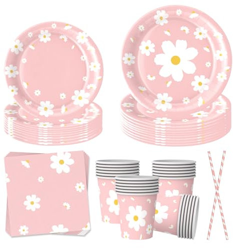EVYIENEN Lot de 50 assiettes de fête en forme de marguerites blanches, serviettes, pailles en papier, accessoires de fête d'anniversaire pour 10 invités (marguerites)