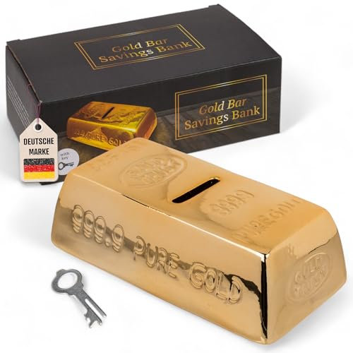 MIJOMA Spardose mit Schloss – Goldbarren Design, Keramik, inkl. Schlüssel, ca. 16,5x8,5x5 cm – Edle glänzend goldene Geldgeschenkidee für Sparfüchse