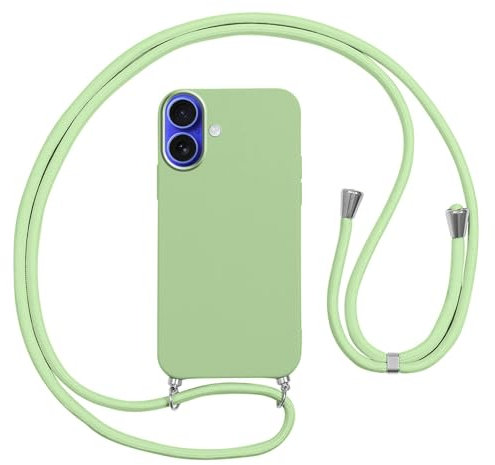 Vauki Funda con Cuerda para iPhone 16 Verde Carcasa con Correa Colgante Ajustable Collar, Suave Silicona TPU Case Anti-Choque con Cuello Cadena Cordón Ultrafina Caso para iPhone 16,Verde
