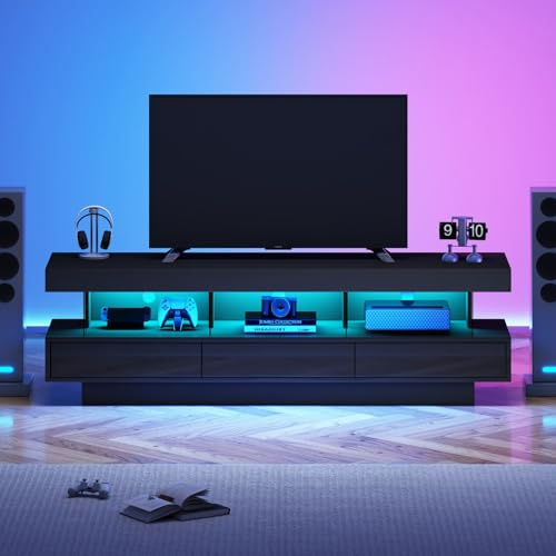 Sweiko Meuble TV à haute brillance avec 3 étagères en verre avec éclairage LED commandé par télécommande, meuble TV de salon avec tiroirs de rangement, meuble TV intelligent (Noir)