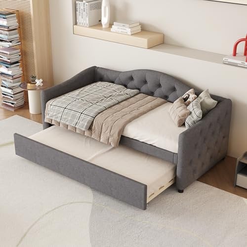 Cayipng Schlafsofa, umbaubar, 2-Sitzer, 90 x 200 cm, Schlafsofa, umbaubar, Doppelbett mit Stauraum, Chaiselongue mit ausziehbarem Bett, Schlafsofa (ohne Matratze), Leinen grau