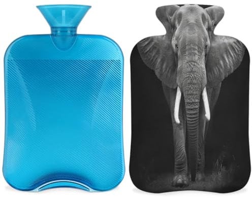 African Elephant Hot Water Bottle with Cover, Elephant Pattern Hot Water Bottle with Cover, 2L Hot Water Bag for Pain Relief, Neck and Shoulder, Hand Feet Warmer