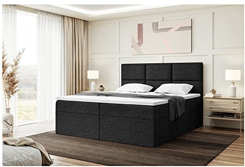 MEBLINI Boxspringbett mit Bettkasten - Gepolstert Doppelbett mit Matratze und Topper - Polsterbett mit Stauraum - Bett mit Kopfteil - Stauraumbett - KYLIAN - 180x200 - H4/Schwarz Webstoff