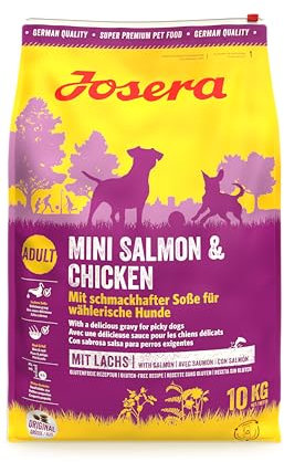 JOSERA Mini Salmon & Chicken (1 x 10 kg) | Adult Mini | Premium Trockenfutter für ausgewachsene Hunde Kleiner Rassen | kleine Kroketten | mit leckerem Soßenpulver auch nass zu verfüttern | 1er Pack