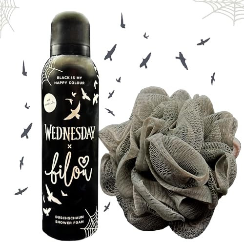 ZweiohrkerZen Dusch Set: 1x bilou Duschschaum 200ml WEDNESDAY - BLACK IS MY HAPPY COLOUR und 1x ZweiohrkerZen Duschknäul (Wednesday - Black is my Happy Colour)