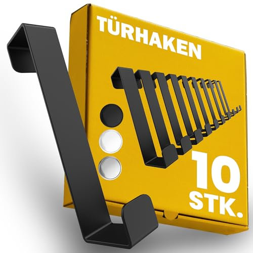 Menz Türhaken zum Einhängen - 10 Stück Kleiderhaken für Tür, kompakte Haken zum Einhängen mit hoher Tragkraft, platzsparende Türgarderobe, flexible Türhakenleiste, schwarz