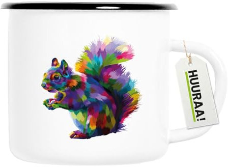 Huuraa Emaille Tasse Eichhörnchen Colorful Geschenk 300ml Vintage Emaille Becher Eichhörnchen Geschenkidee
