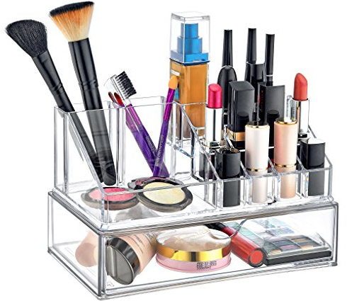 Kosmetik Aufbewahrung Big Glam 2er Set mit 16 Fächern und Schublade – Perfekt für Lippenstifte, Pinsel, Foundation & mehr – Transparente Schminkaufbewahrung für Bad & Schminktisch Polystyrol