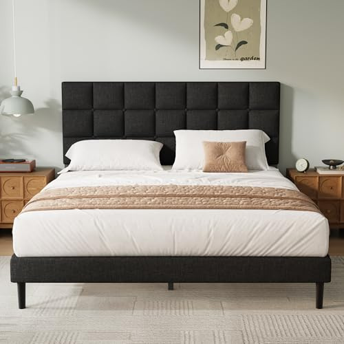 Yocreat Super King Bed Frame, Easy Assembly, Sturdy Wooden Slat Support, Upholstered Platform with Headboard, No Box Spring Needed, Black Super King Bed 180×200