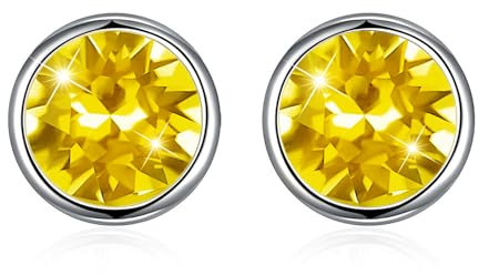 Hasnsofie Unisex Ohrstecker für Damen Herren mit Gelb Kristall, Damen 925 Silber Ohrstecker, 925 Sterling Silber 8mm Rund Klein Ohrringe, Hypoallergen Knorpel Schlafen Ohrringe Geschenk Box Geburtstag