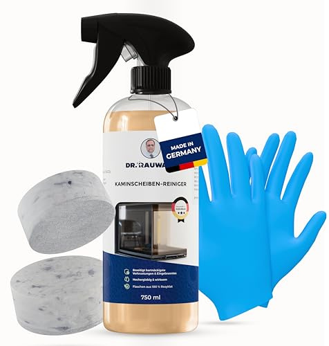 Dr. Rauwald Kaminscheibenreiniger Set – Streifenfreie Reinigung von Kamin- & Ofenscheiben – Effizienter Ofenglasreiniger mit 5 Combo Schwämmen – Sicher für Glas & Umgebung – 750 ml