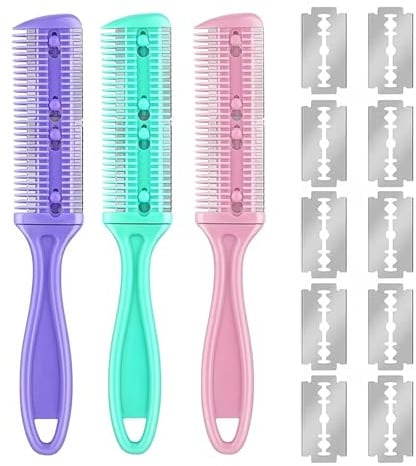 3 Piezas Peines para Adelgazar el Cabello, Peines de Afeitar con 10 Cuchillas de Acero Inoxidable, Cortador de Puntas Abiertas Cabello, para Cortar y Estilizar en Casa