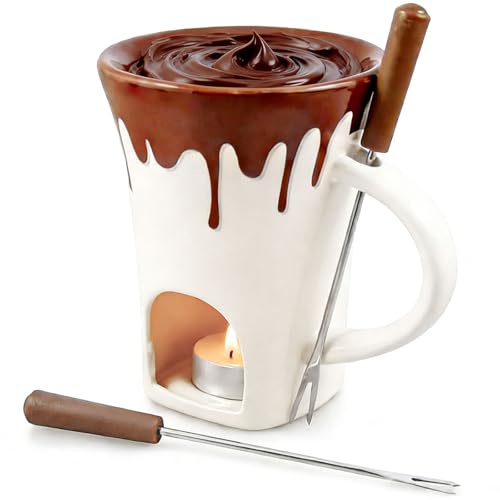 Porcelain Chocolate Fondue Mug Set with 2 Forks, 130ml Ceramic Melting Cup for Chocolate Cheese Butter, Ideal Gifts for Date Night Birthday & Wedding, Dishwasher and Microwave Safe