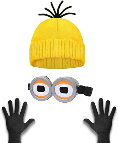 Shengruili 3 Stück Minion Kostüm Zubehör,Gelbes Kostüm Set für Cosplay,Kostüm Cosplay for Erwachsener and Kinder,Faschingskostüm,Steampunk Brille,Schwarze Handschuhe und Gelbe Beanie Hüte