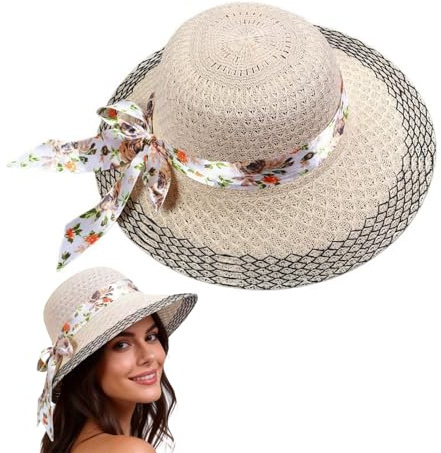 widenlise Straw Sun Hats for Women, Wide Brim Summer Beach Hats Panama Fedora, Summer Hat Foldable UPF 50, Sunhats for Ladies Outdoor Travel Holiday