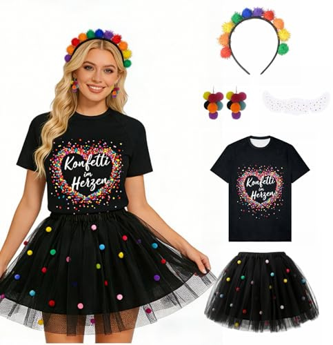 Kielsjajd Konfetti Kostüm Damen Schwarz Set, Konfetti im Herzen Karneval Fasching Outfit mit T-Shirt, Tüllrock, Haarreif mit Bunt Pompoms, Ohrringe & Aufkleber,Konfetti Tutu Rock Kostüme