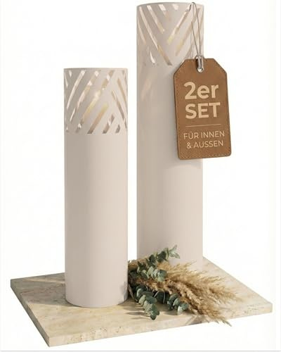 BENTSON Windlichtsäule Schattenweiß Design, 2er Set, 95cm + 75cm | Deko-Säule für Garten im Industrial Design, Garten Windlicht für draußen und drinnen, Laterne draußen, Rund