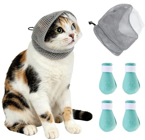 Boxili Cat Muzzle Kit Adjustable Anti-Bite Head Cover for Grooming (S) | with Silicone Paw Shoes, Breathable Mesh Cat Helmet for Nail Clipping, Bathing