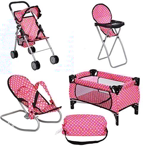 fash n kolor 4 Piece Doll Play Set, Includes - 1 Pack N Play. 2 Doll Stroller 3.Doll High Chair. 4.Infant Seat, Fits Up to 18'' Doll (4 Piece Set)