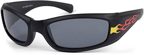 styleBREAKER Kinder Sport Sonnenbrille mit Flammen Print, Kunststoff Rahmen und Polycarbonat Gläser, Vollrand 09020089, Farbe:Gestell Schwarz/Glas Grau getönt