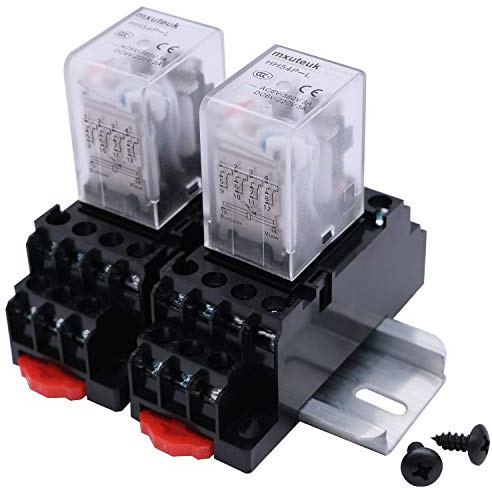 mxuteuk 2pcs HH54P DC 12V LED Indicator Electromagnetic Power Relay 14 Pin 3A Coil Relays 4PDT with Socket Base,with DIN Slotted Aluminum Rail