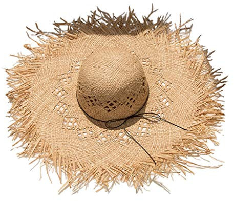 Gwxevce Femmes Chapeau De Soleil en Paille De Raphia Grand Bord Disquette Frangé Creux Protection Solaire Seau Cap Brun