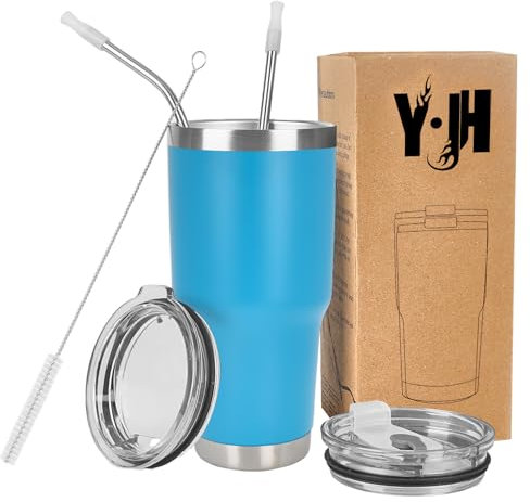 Y·J&H 30oz (850ml) Doppelwandig Vakuum Isolierter Autobecher, Edelstahl Reiseflasche, Thermobecher Kaffee to Go mit 2 Spritzfestem Deckel 2 Strohhalm, Rohrbürste,BPA Free - Himmelblau